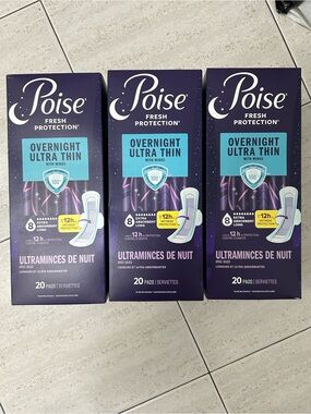 NEW 🆕 Lot of three Poise Overnight Ultra Thin Pads with Wings - 3x20 Count